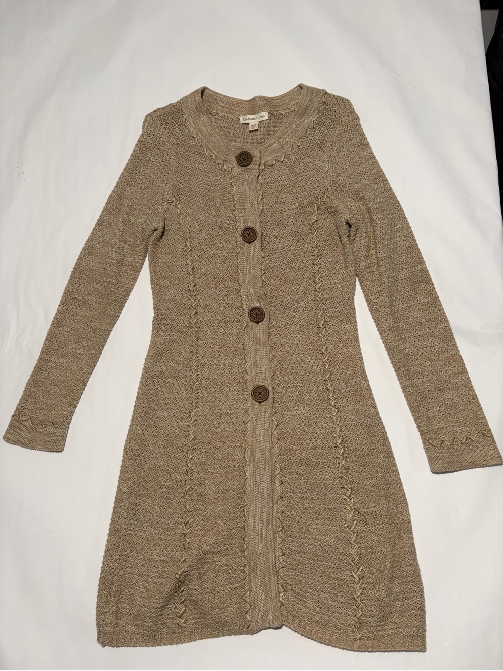 Coldwater Creek women’s Tan Cable-Knit Button Front Dress Cardigan